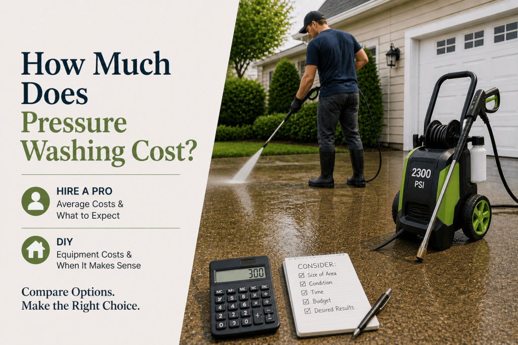 man pressure washing driveway with calculator and checklist showing cost considerations