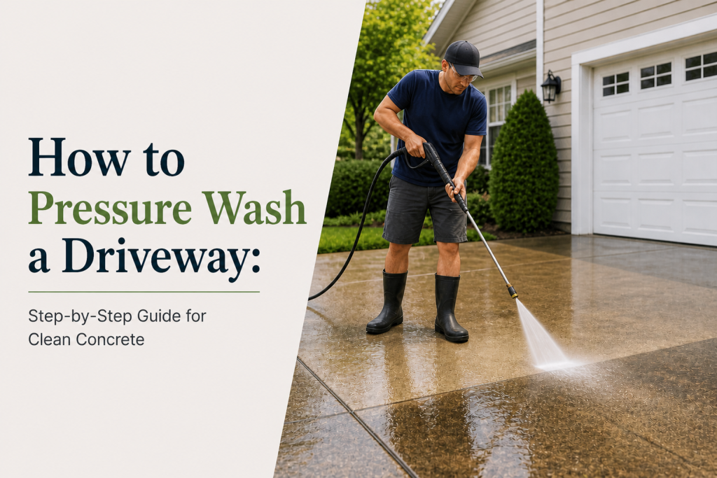 man pressure washing concrete driveway with proper technique