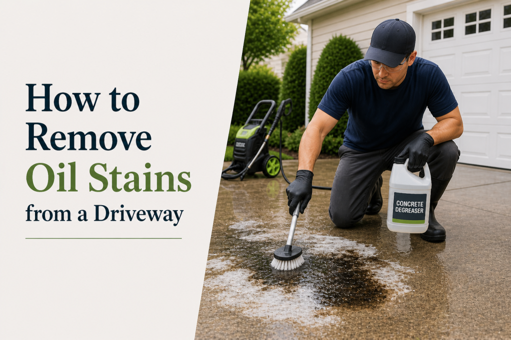 man scrubbing oil stain on concrete driveway with degreaser and brush