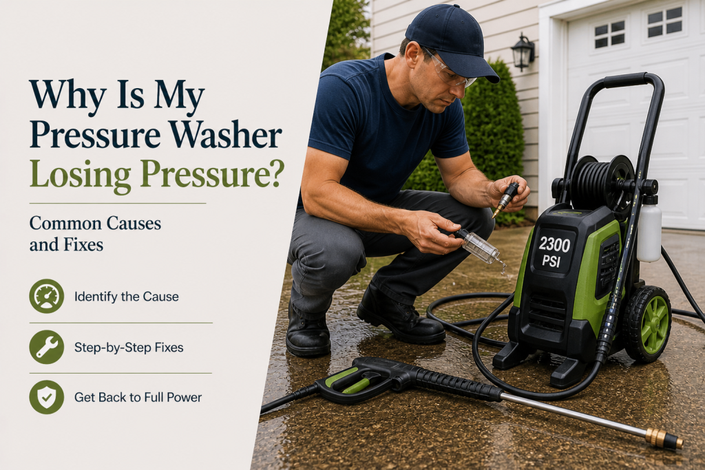 man inspecting pressure washer nozzle tip to diagnose low pressure problem