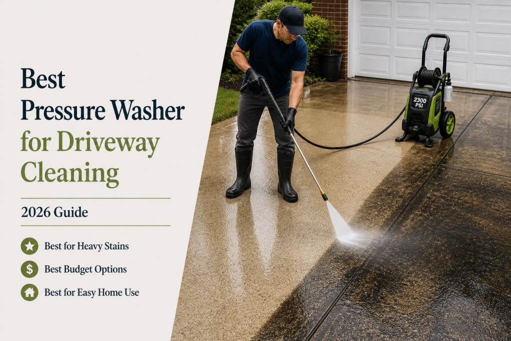 man pressure washing concrete driveway showing before and after cleaning results